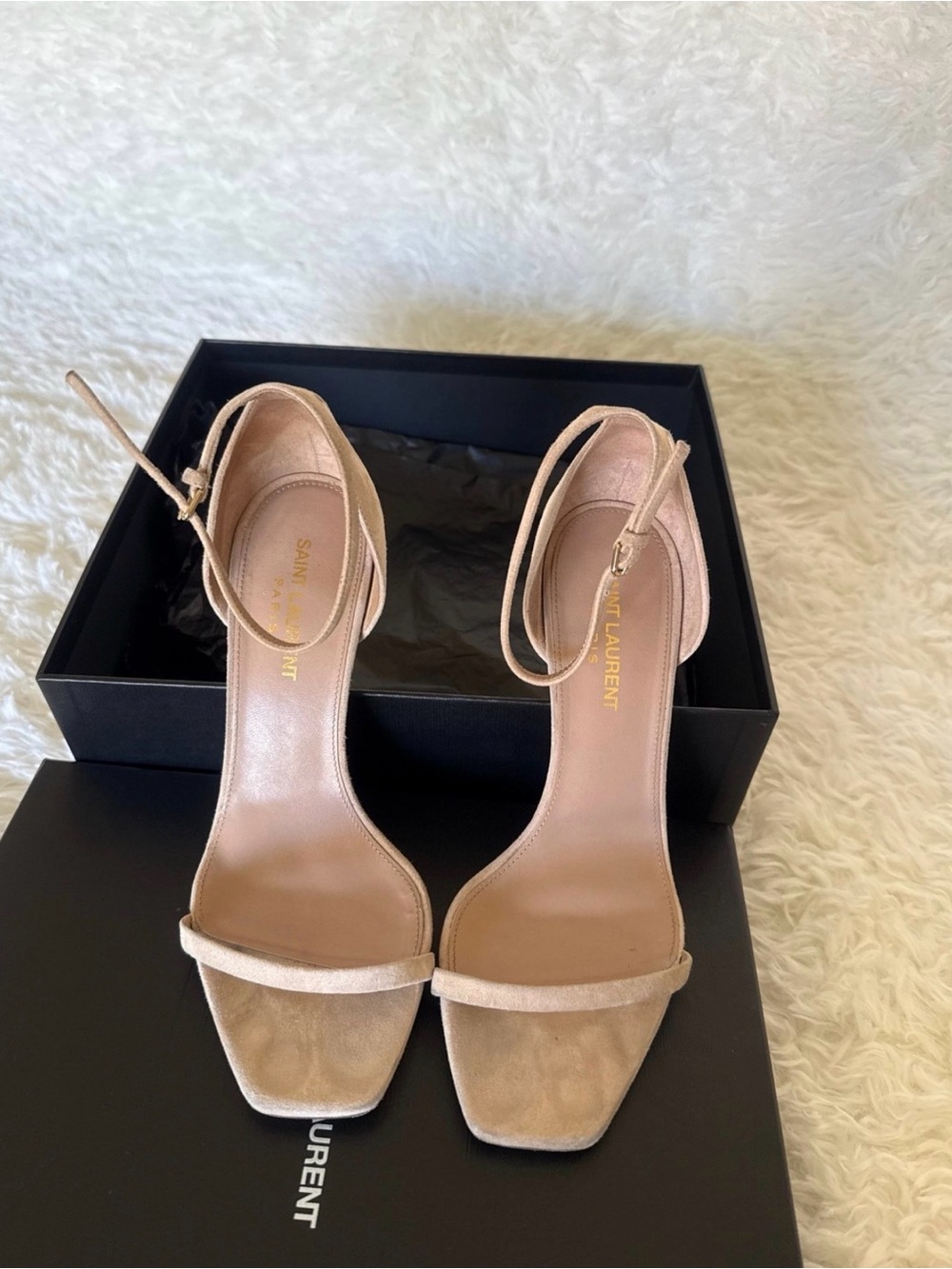 Saint Laurent Nude Suede YSL Logo Heel Sandals - Picture 2 of 10